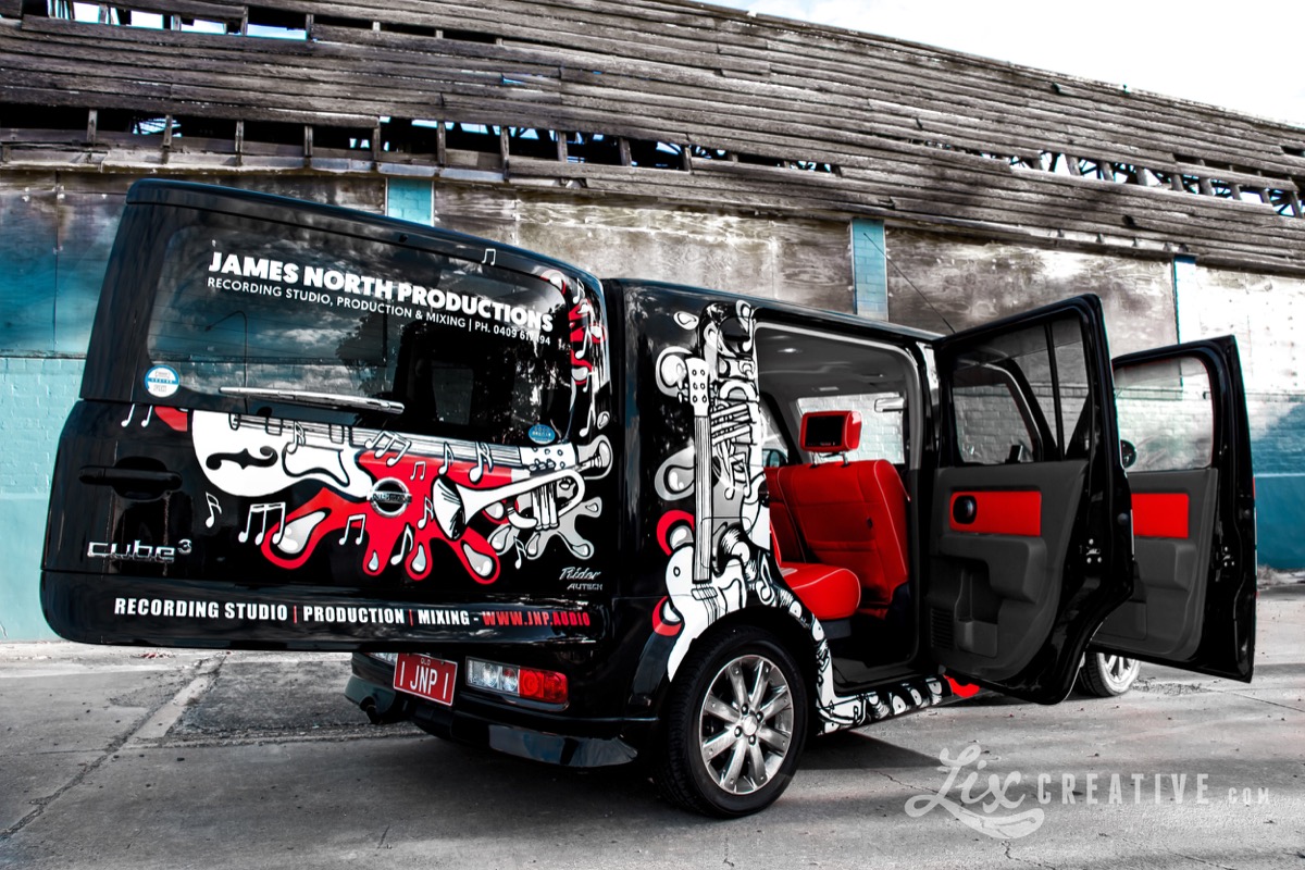 JNP Nissan Cube Z-11 Cubic Rider with custom artwork wrap by Lix Creative